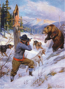 [hunter with dogs aims at bear in snow scene]